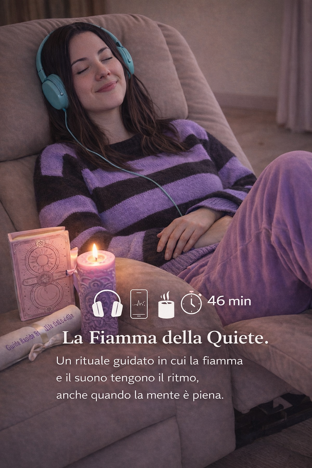 Ragazza che ascolta meditazione guidata con candela accesa