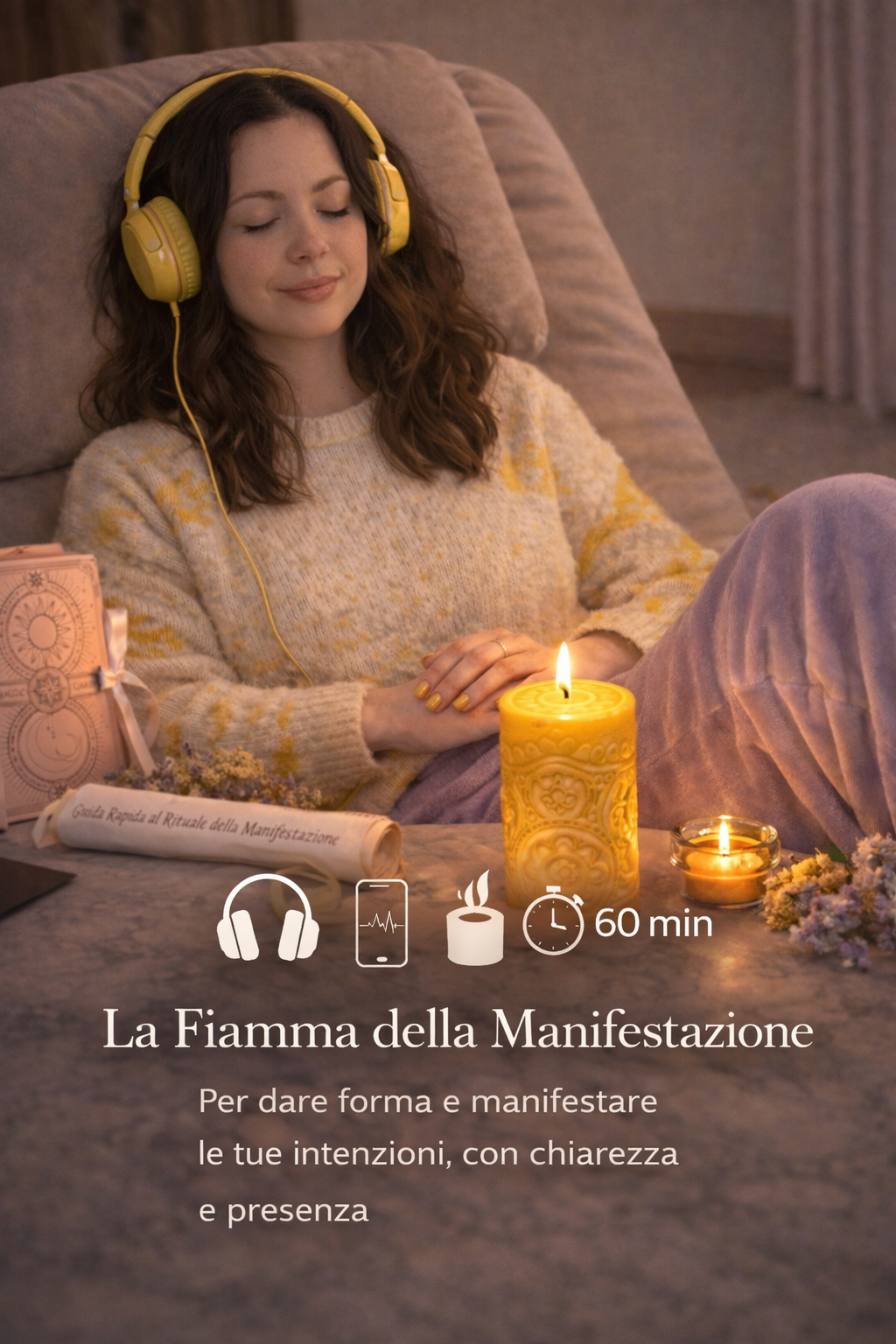 Ragazza che ascolta meditazione guidata con candela accesa di colore giallo