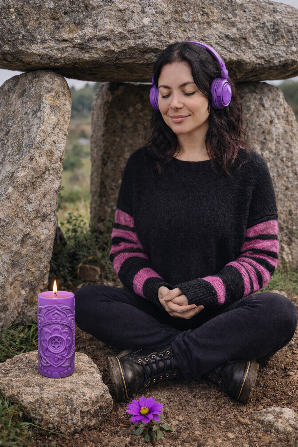 maria di blushme.it  con cuffie viola  mentre pratica un rituale mindfulness con candela di fronte a un dolmen. 