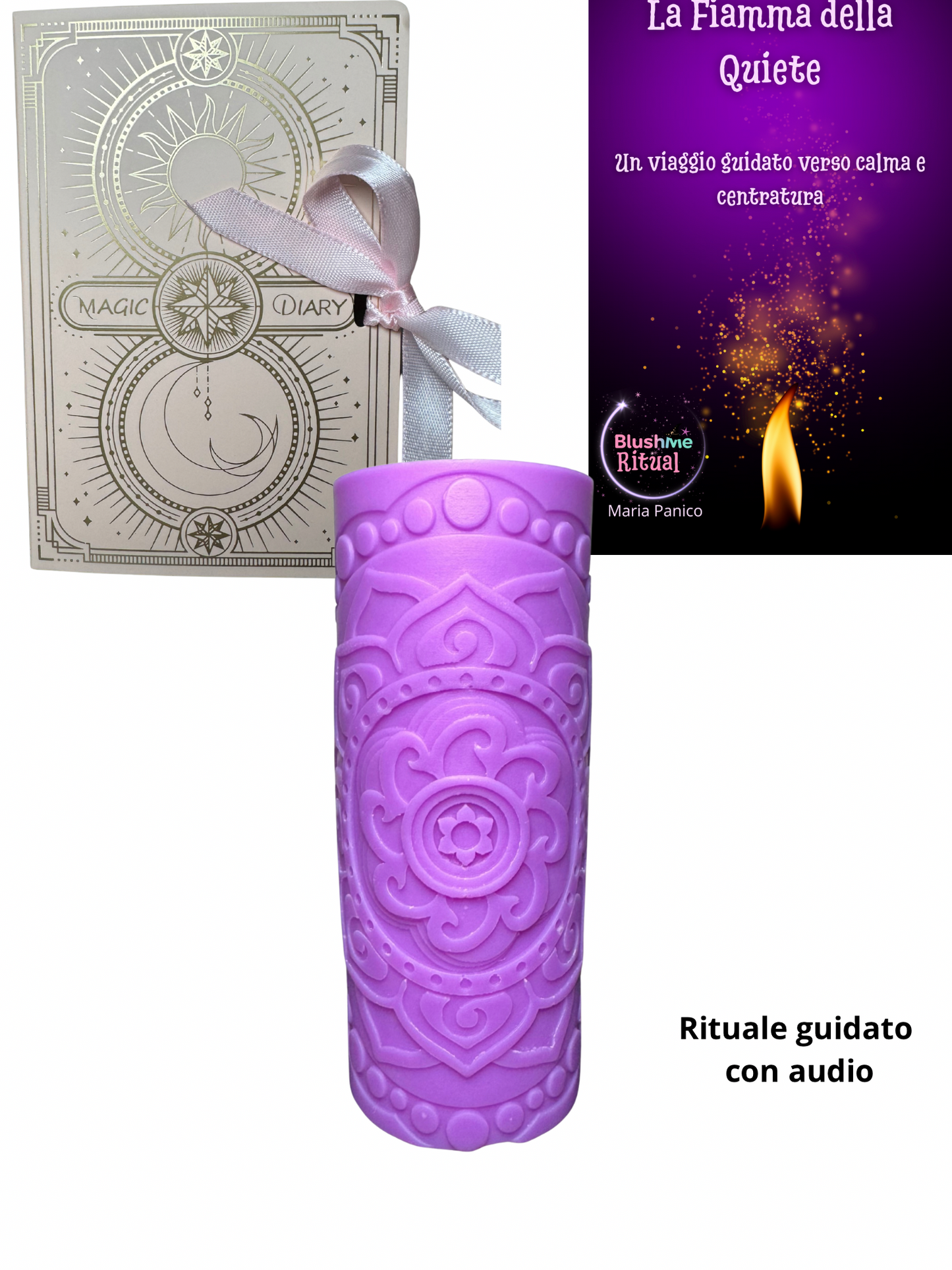 box rituale la fiamma della quiete con candela artigianale, ebook, e audio guida su sfondo bianco