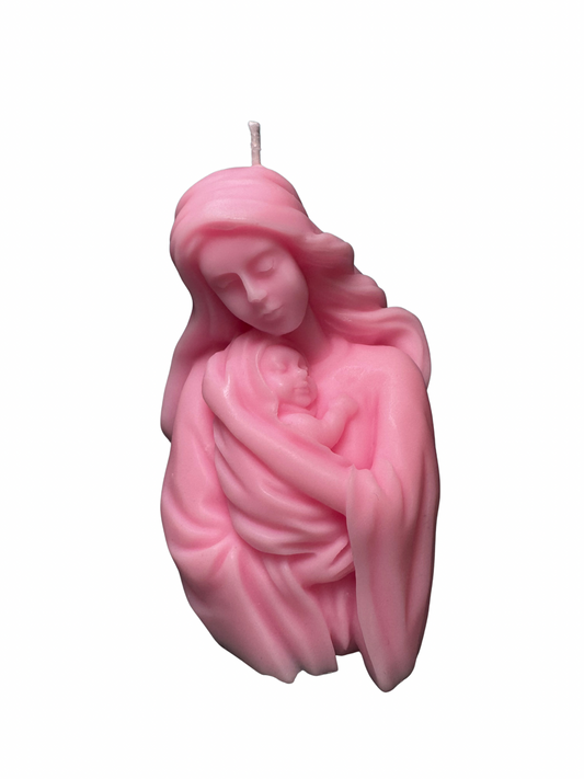 bomboniera candela rosa madonna con gesù in braccio