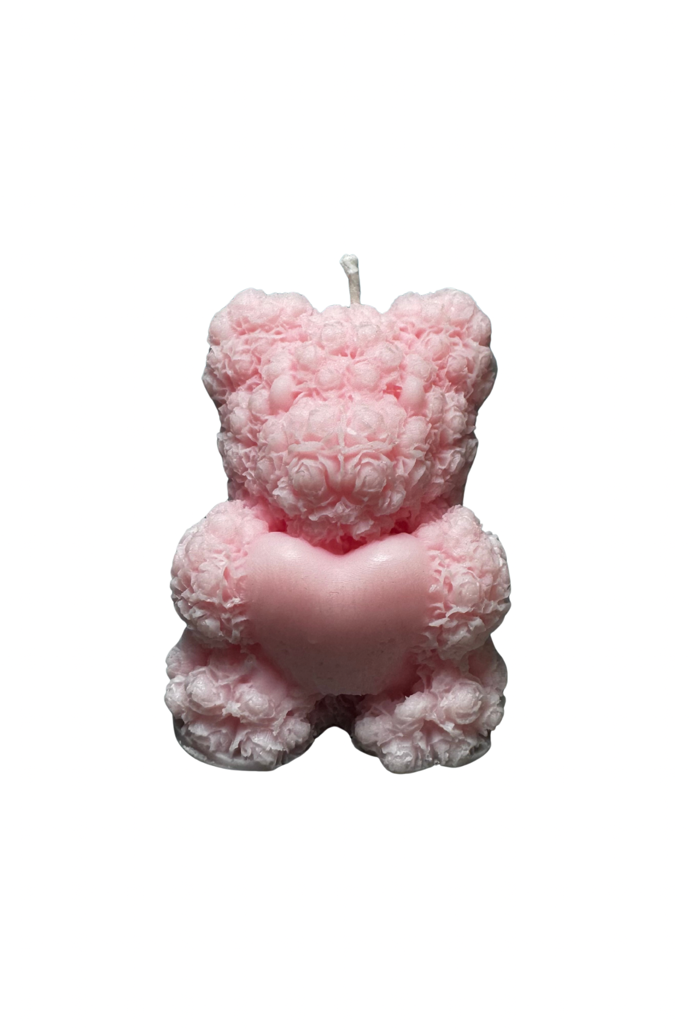 candela orsetto con cuore al centro e roselline in rilievo
