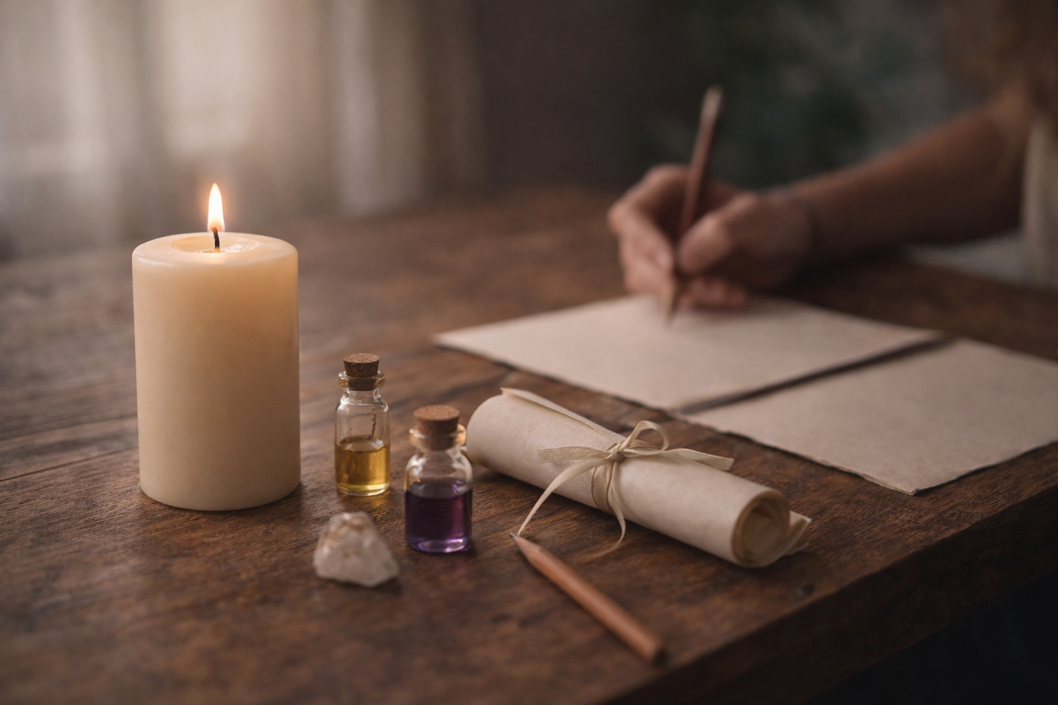 mano che scrive un rituale vicino a una candela bianca accesa