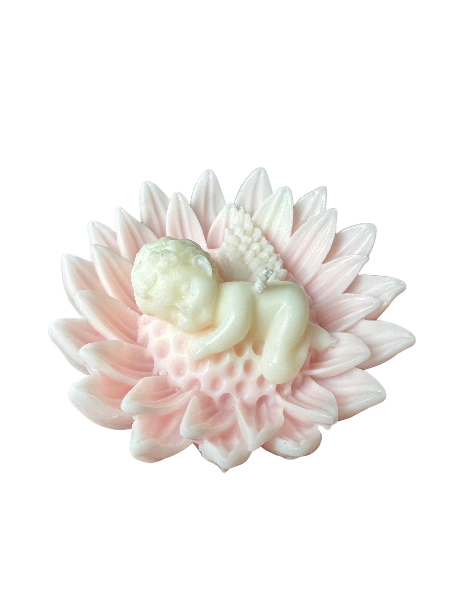 candela a forma di fiore con angioletto che dorme