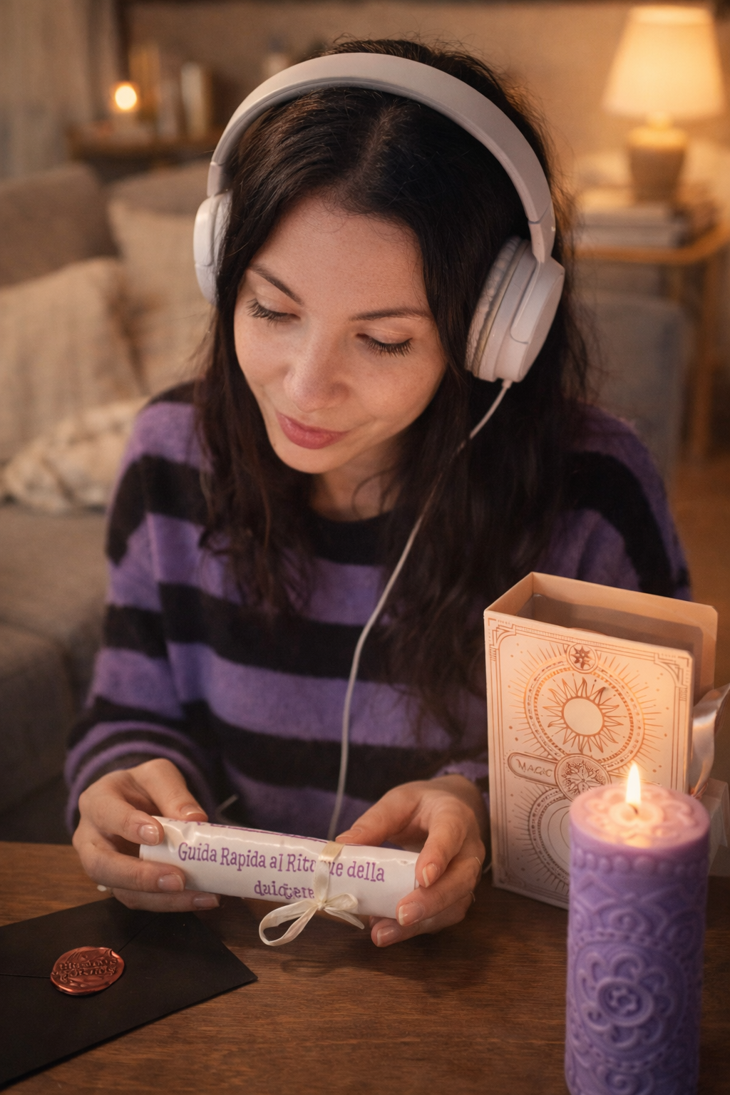 persona con cuffie che pratica un rituale mindfulness con candela e guida cartacea accanto alla box la fiamma della quiete