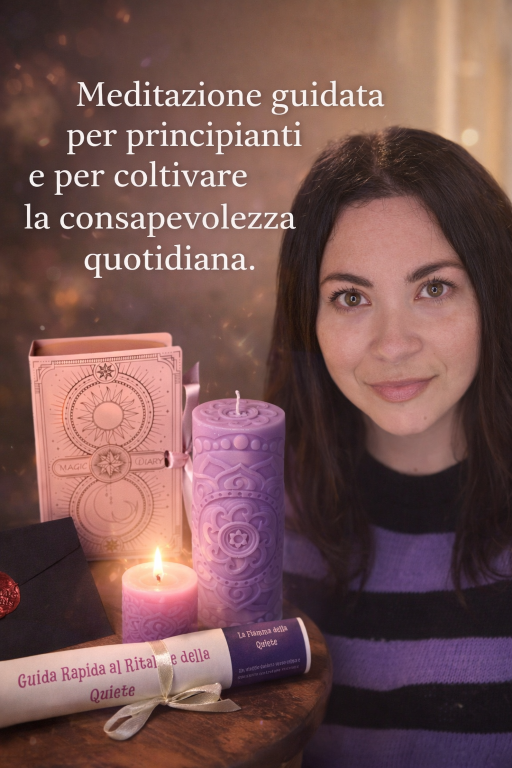 persona a fianco alla box la fiamma della quiete con scritta meditazione guidata per principianti e consapevolezza quotidiana