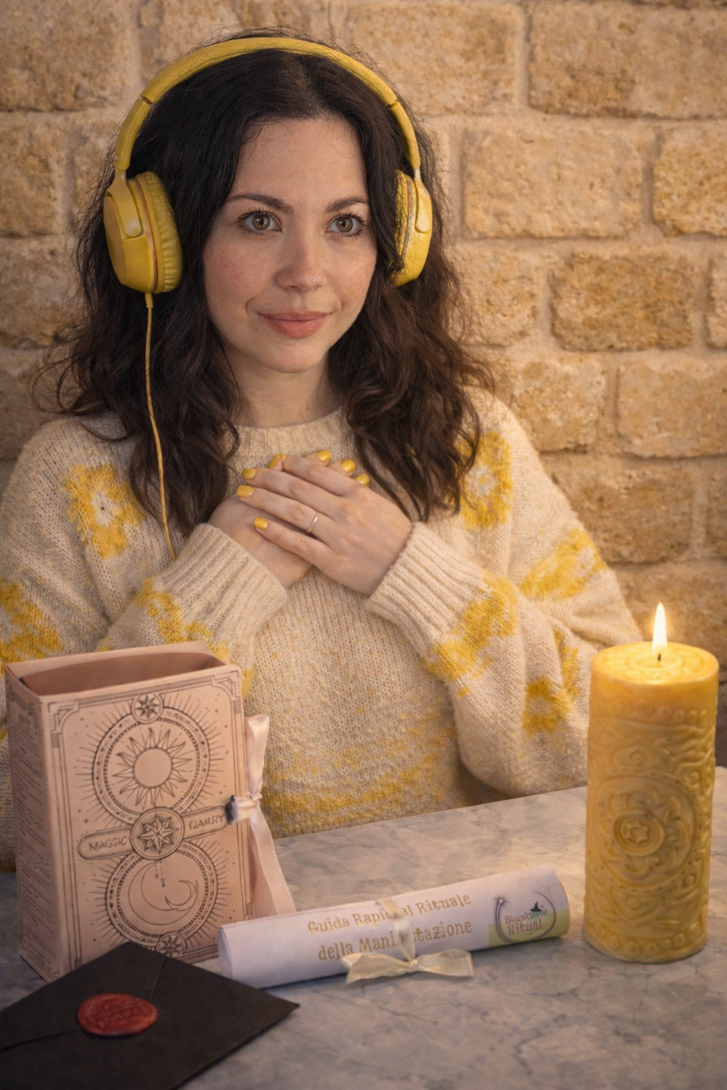 ragazza con cuffie gialle mentre ascolta una meditazione guidata con candela rituale 