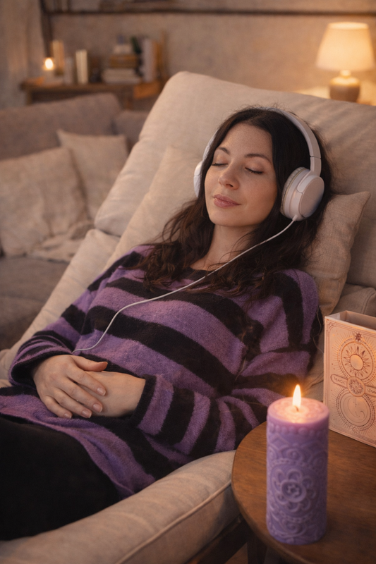 donna rilassata su un divano con cuffie mentre pratica un rituale mindfulness con candela viola e audio guida