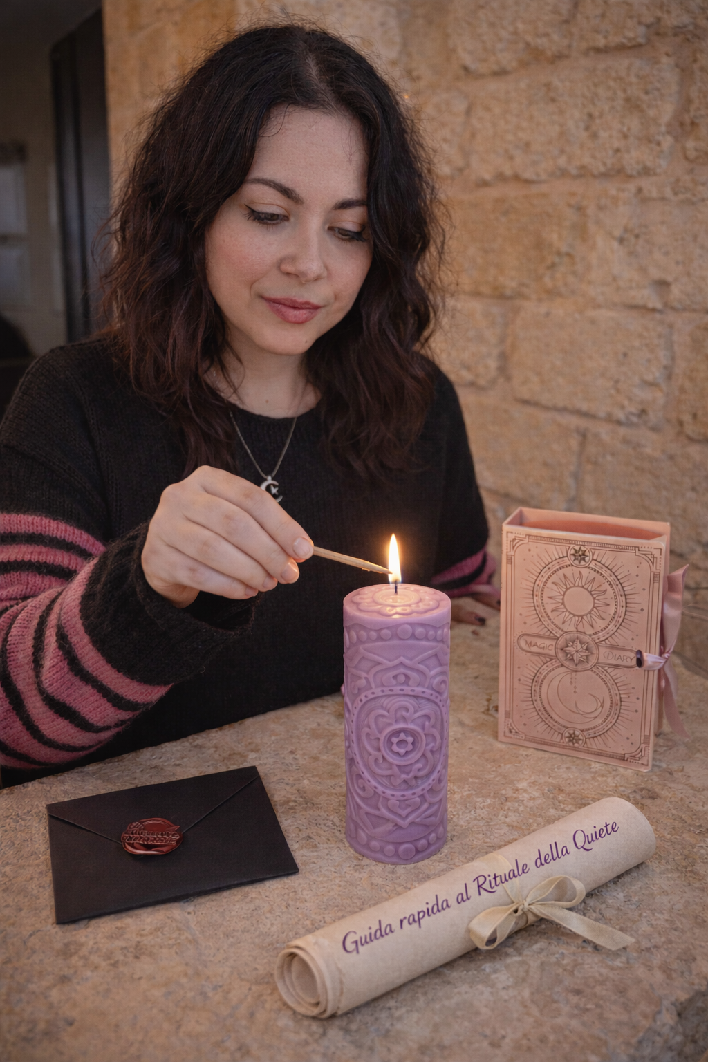 donna che accende una candela artigianale viola durante una meditazione guidata mindfulness con audio guida